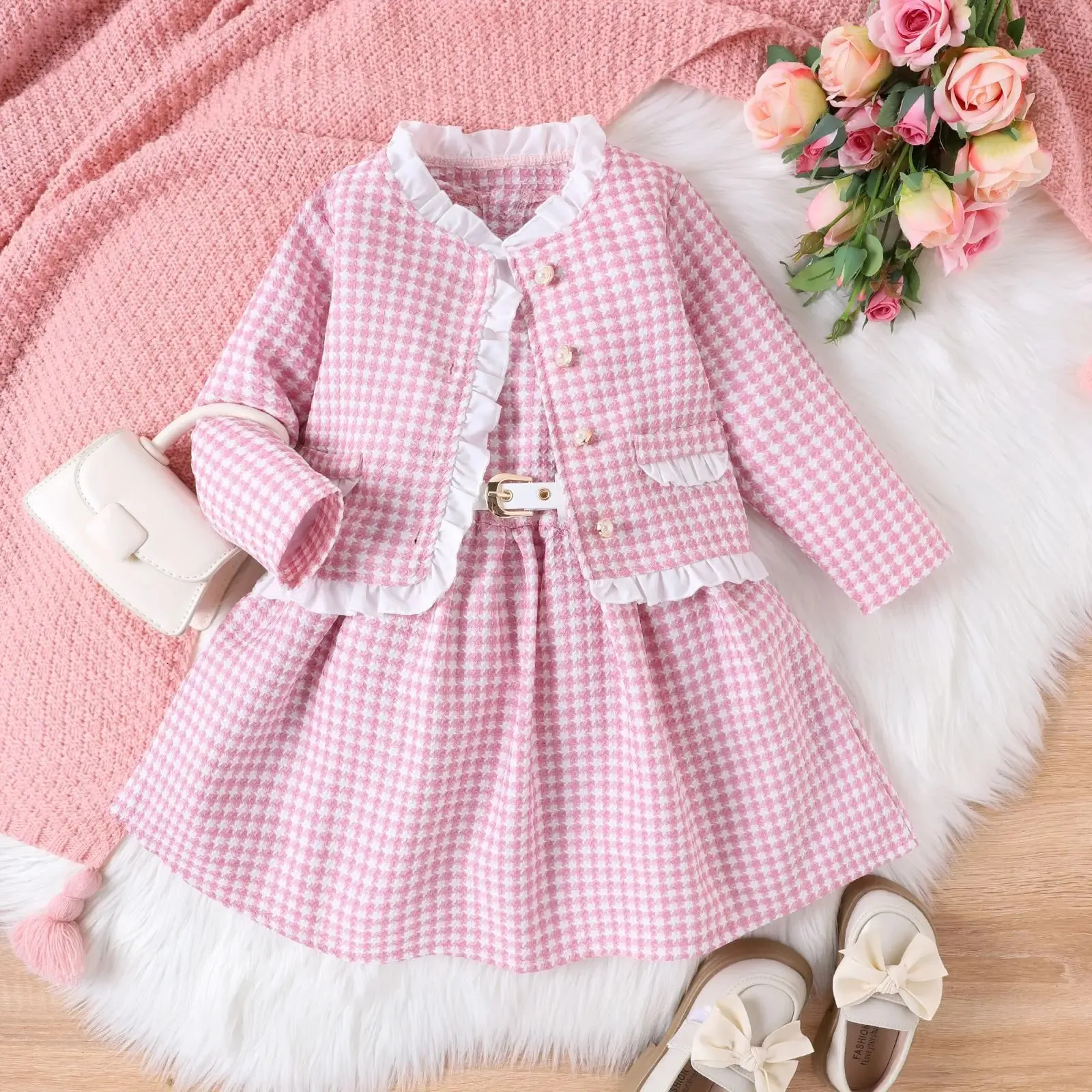 Robes de fille Bebe Filles Vetements Ensemble Automne Hiver Mille Oiseaux Plaid Robe Sans Manches Ceinture Manteau Enfants Tricote Doux Tenue Enfants