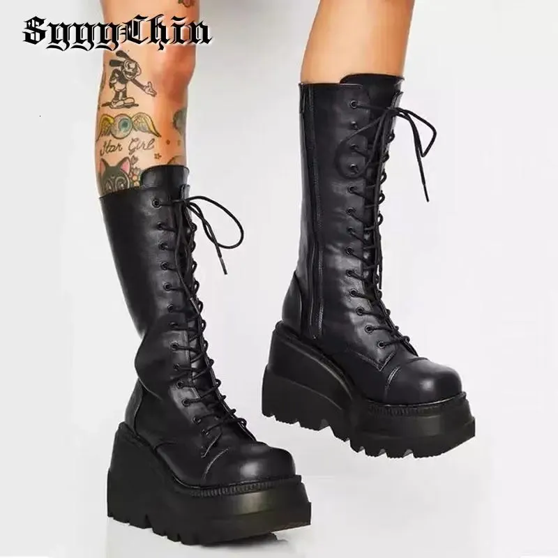 Stiefel Winter Damen Stiefel Mittelkalb Keil High Heel Plattform Schnürung Reißverschluss Damen Pumps Damen Punk Gothic Motorrad Schwarz Runder Zehenschuh 231116