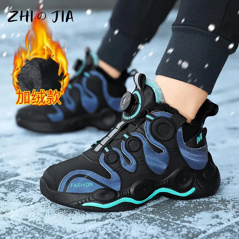 Spor ayakkabı kış çocuk döner düğme peluş spor ayakkabıları siyah deri sıcak moda rahat ayakkabılar hafif ve yumuşak koşu ayakkabıları 231115