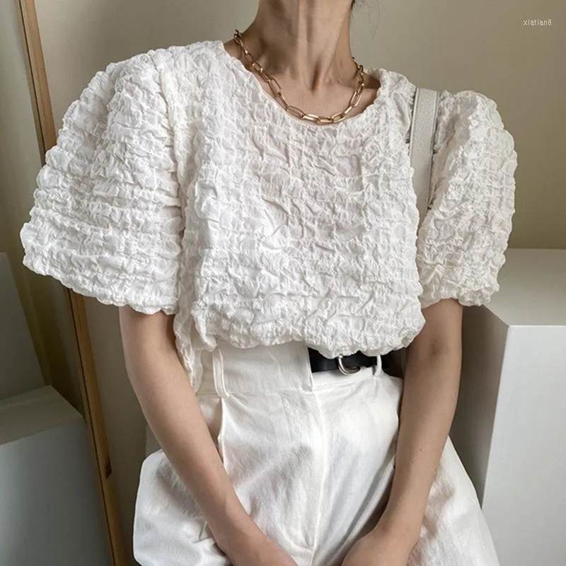 Women's Blouses Vintage Temperament O- Neck Pullover Shirts Pleated Design Loose Solid Femme Tops 2023 Summer Korean Puff Sleeve Blouse