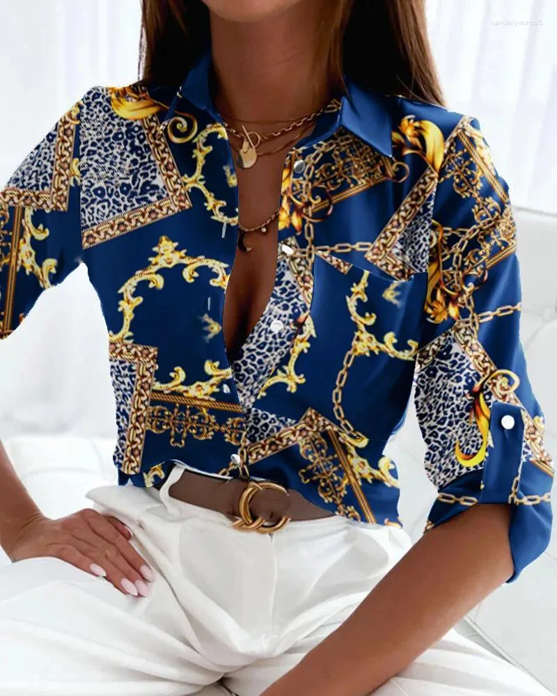 여자 블라우스 여성 셔츠와 재킷 레트로 체인 인쇄 통근 라펠 라펠 단일 브레스트 블루 패션 스프링