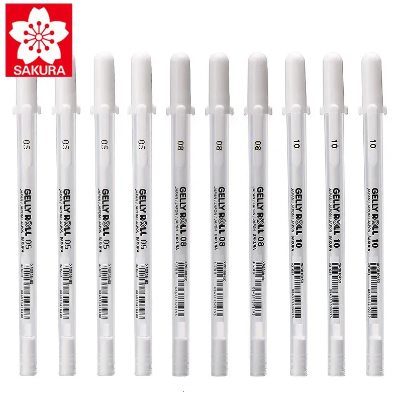 Stylos à bille 10 pièces Sakura XPGB Jelly Roll 0.3/0.4/0.5mm blanc Gel stylo surligneur pour Art marqueur conception bande dessinée/Manga peinture fournitures 231116