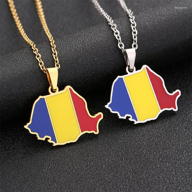 Chaînes Mode Acier Inoxydable Roumanie Carte Drapeau Pendentif Colliers Couleur Argent / Or Couleur Bijoux Roumain Ethnique Cadeaux Patriotiques