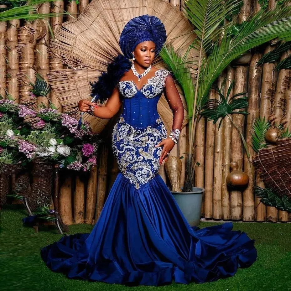 Lindo vestido de recepção de baile tradicional nigeriano, vestido azul africano bordado de renda formal, vestidos ocn, aso ebi, vestidos de noite, es es es es