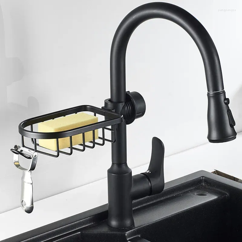 キッチンストレージ調整可能バスルーム蛇口シンクスポンジ排水ラックブラックシルバーシャワーサンディリーホルダースペースアルミニウム