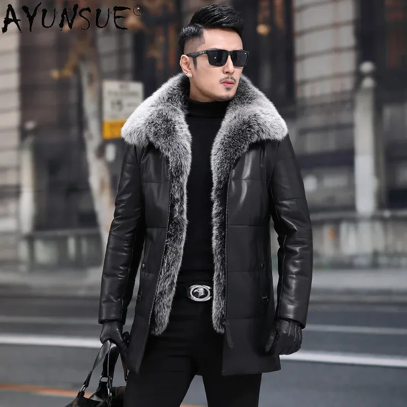 Men's Leather Faux Leather AYUNSUE Genuine Sheepskin Leather Jacket Men Clothing 90% Down Jackets Mens Real Fox Fur Collar Coat Winter Clothes Ropa LXR805 231115