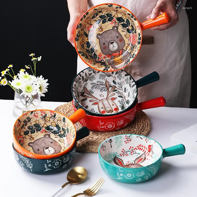 Set di stoviglie Ciotole in ceramica dipinte a mano Insalata creativa per colazione a fumetti con manici Ciotole di riso al forno.
