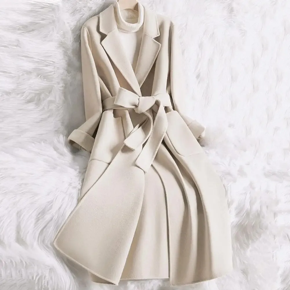Женское пальто из искусственного меха с двух сторон из искусственного кашемира, шерстяное пальто с лацканами, длинный рукав с поясом, плащ, женская длинная куртка, верхняя одежда на одной пуговице, корейское шерстяное пальто 231116