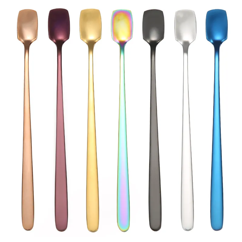 Stainless Steel Spoons Square Head Ice Spoon Long Handle Stirring Coffee Scoops Home Kitchen Bar Tableware 17CM