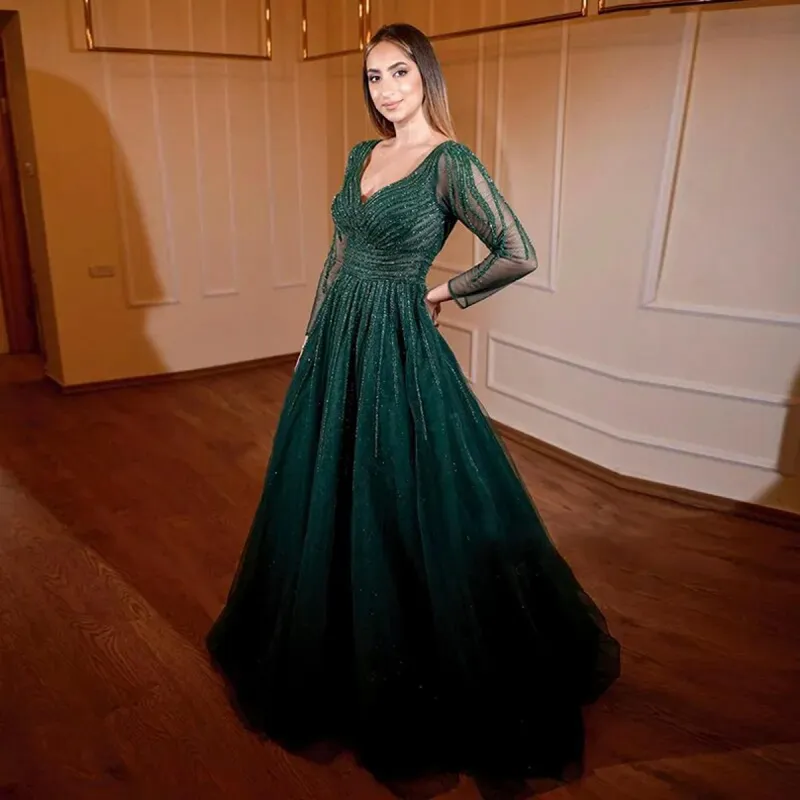 Dit arabe vert émeraude manches longues robes de soirée pour les femmes col en V profond robes de bal occasion spéciale