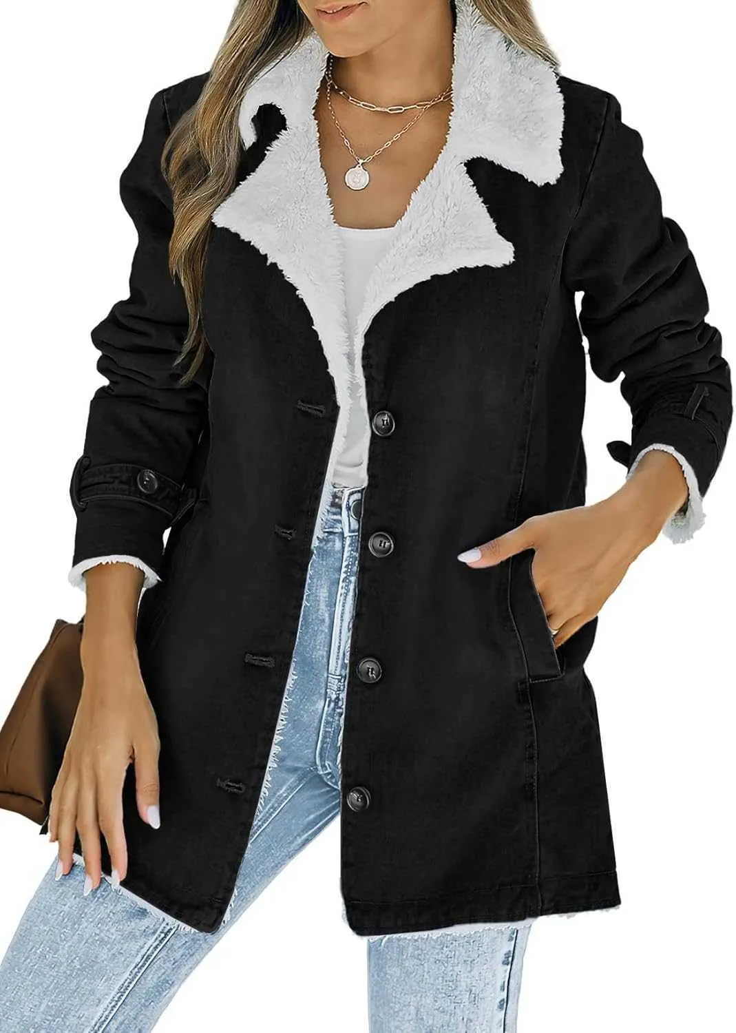 Mulheres inverno quente jaqueta jeans gola alta forro de lã sherpa denim jaqueta engrossada com bolsos jaqueta 60zdu