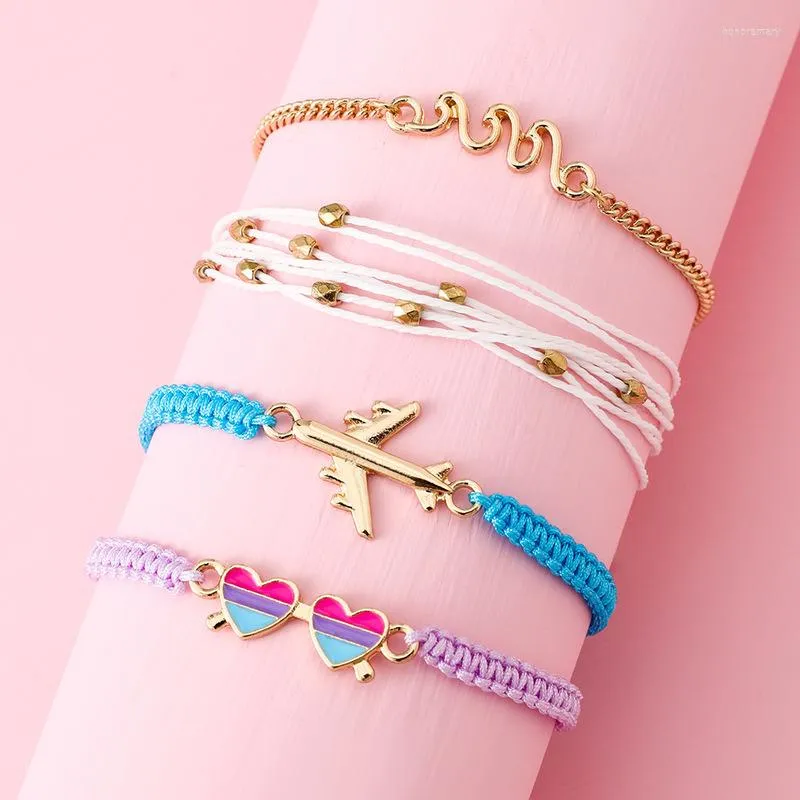 Charm Bracelets Lovecryst 4pcs/set Ins Colorful Weave Cute Aircraft Glasses Bracelet For Girl Pendant Adjustable Friendship Gift Kids