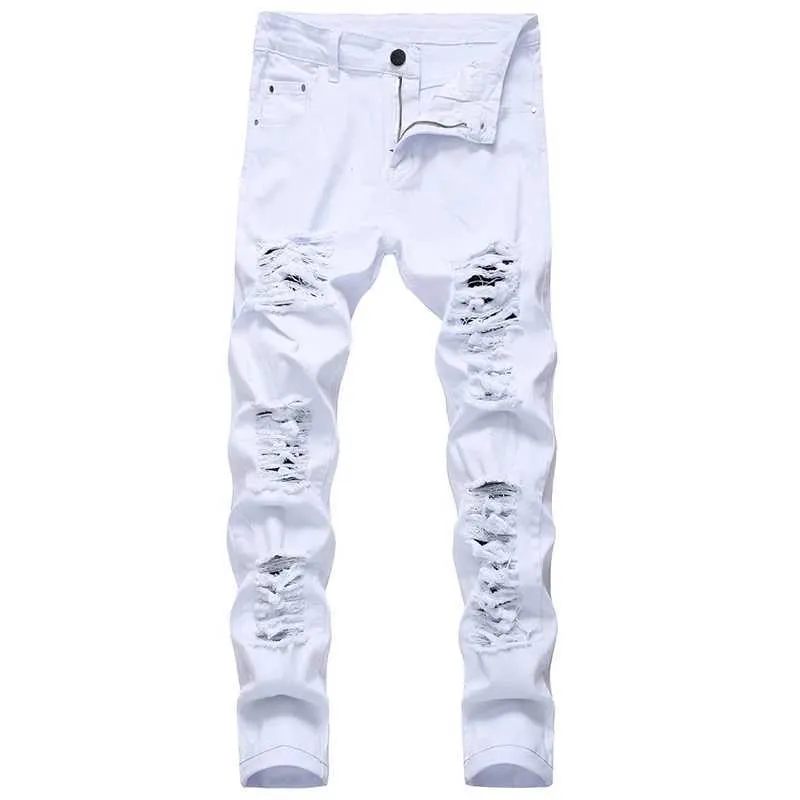 Men's Jeans Straight Hole Destruction Trousers Distressed Jeans Men Denim Fashion Designer Brand White Pants Male Large Size 40 42 J231116