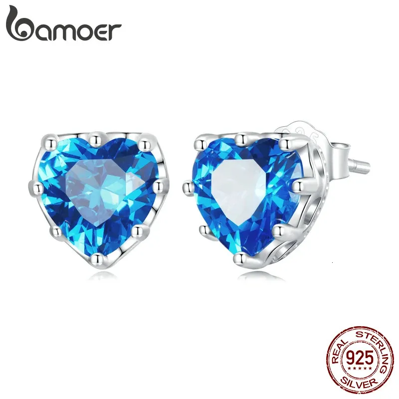 Stud 925 prata esterlina azul coração brincos para mulheres jóias finas brilhando pedra azul amor orelha studs casamento presente de luxo 231115