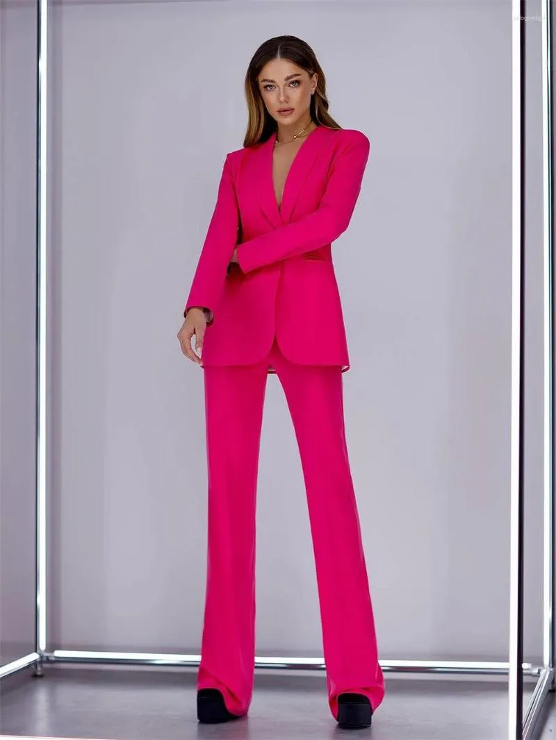 Women's Two Piece Pants Pink Solid 2-Piece Women Pantsuit Fashion Autumn Formal Outfit For Business Wedding Guest Suit Set