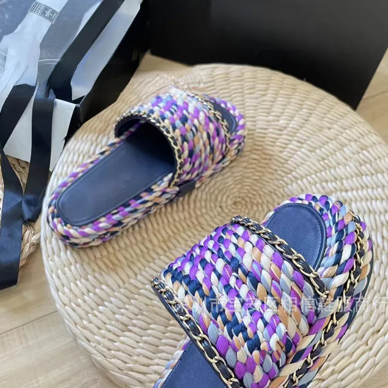 Chinelos de marca coloridos roxo malha palha tecido grosso solas para outwear feminino casual versátil sandálias planas