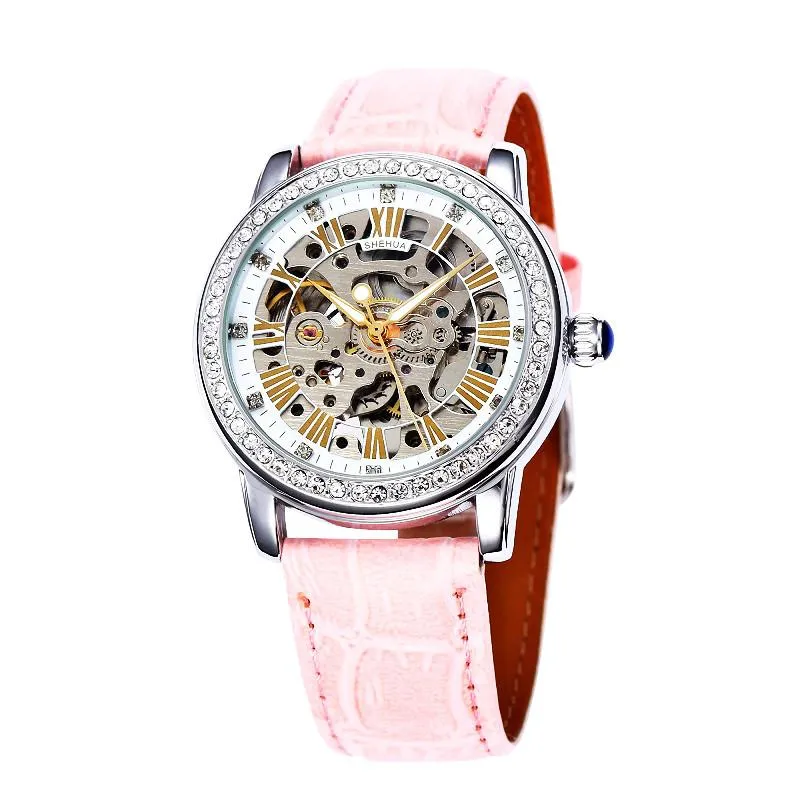 Нарученные часы Shenhua Watch Женщины Автоматические водонепроницаемые топ -бренд Механические часы с розовыми кожаными полые часы Элегантные дамы