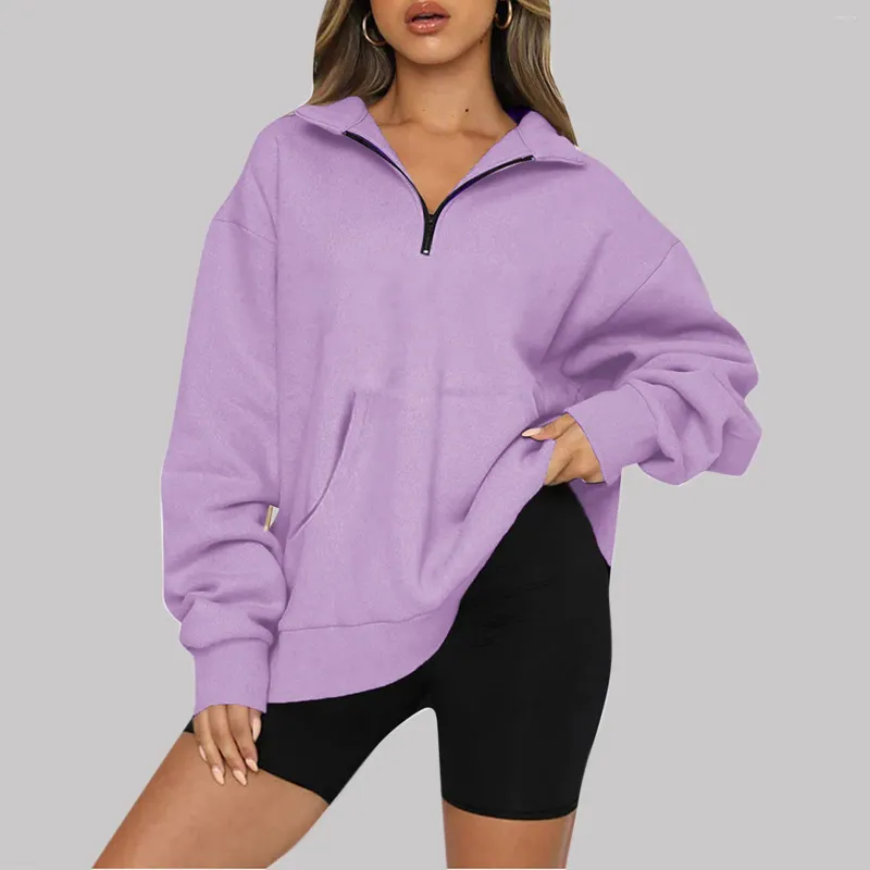 Dames Hoodies Grote maten Opstaande nek Sweatshirt Herfst Warm Oversized Trui met halve ritssluiting Hoodless Meisjes Herfst Harajuku Y2k Kleding Los