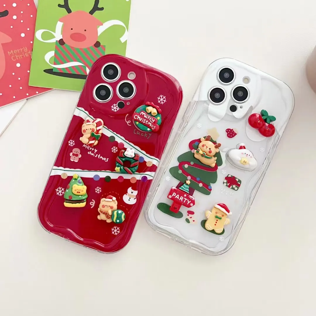 豪華なケース韓国のかわいい3D漫画クリスマスベアの木の波のエッジケースiPhone 15 14 13 12 Pro Max 11 15plus素敵なエルクショックプルーフソフトカバー