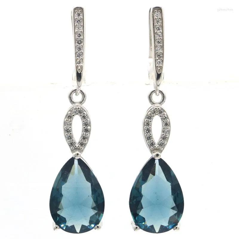 Kolczyki Dangle 40x10 mm Jazaz 6.1G London Blue Topaz Aquamarine CZ Samice Codzienne zużycie 925 Solidne srebro