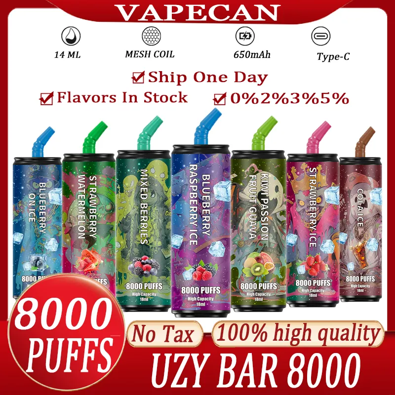 Original UZY BAR 8000 Puffs 800 Cigarrillos electrónicos desechables Dispositivo de pluma Vape recargable 8k Puff 8000 1100mah 14ml Cartuchos Pod Mesh Coil Vaporizadores con cordón 0% 2% 3% 5%