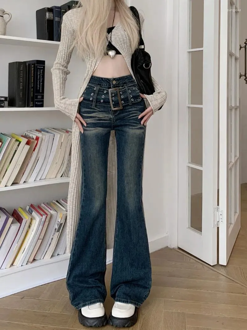 Kvinnors jeans sommarbyxor bälte denim boot klippt hög midja smalt montering rak rör mopp tätt mörkblå fickor