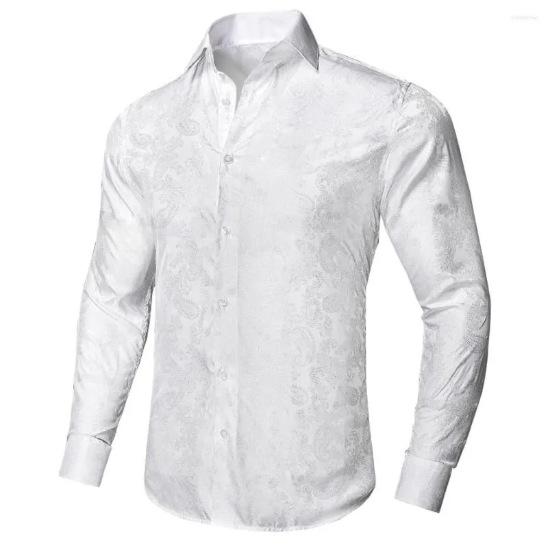 Men's Dress Shirts Hi-Tie Lapel Collar White Paisley Silk Mens Summer Long Sleeve Outerwear Light Hawaii Aloha Shirt For Male Jacquard Gift