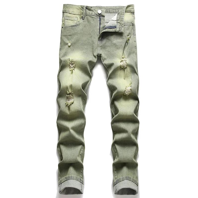 Jeans da uomo slim fit strappati Pantaloni estivi in denim elasticizzato dritto Pantalones verde erba casual Para Hombre Vaqueros