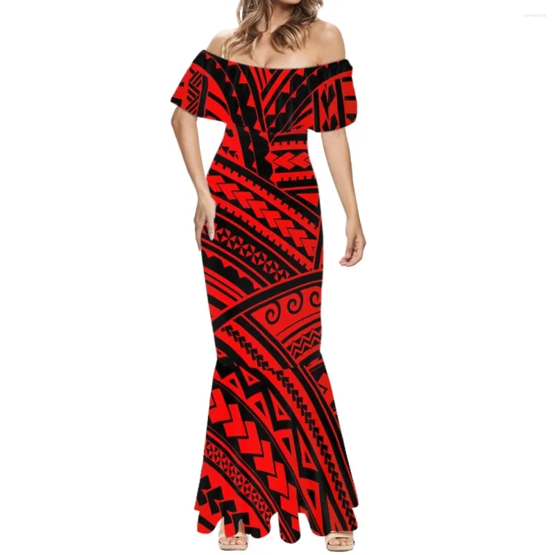 Casual Dresses HYCOOL Polynesian Traditional Tribal Women Red Dress Round Neck Short Sleeve Sexy Banquet Elegant Fashion 2023 Skirt