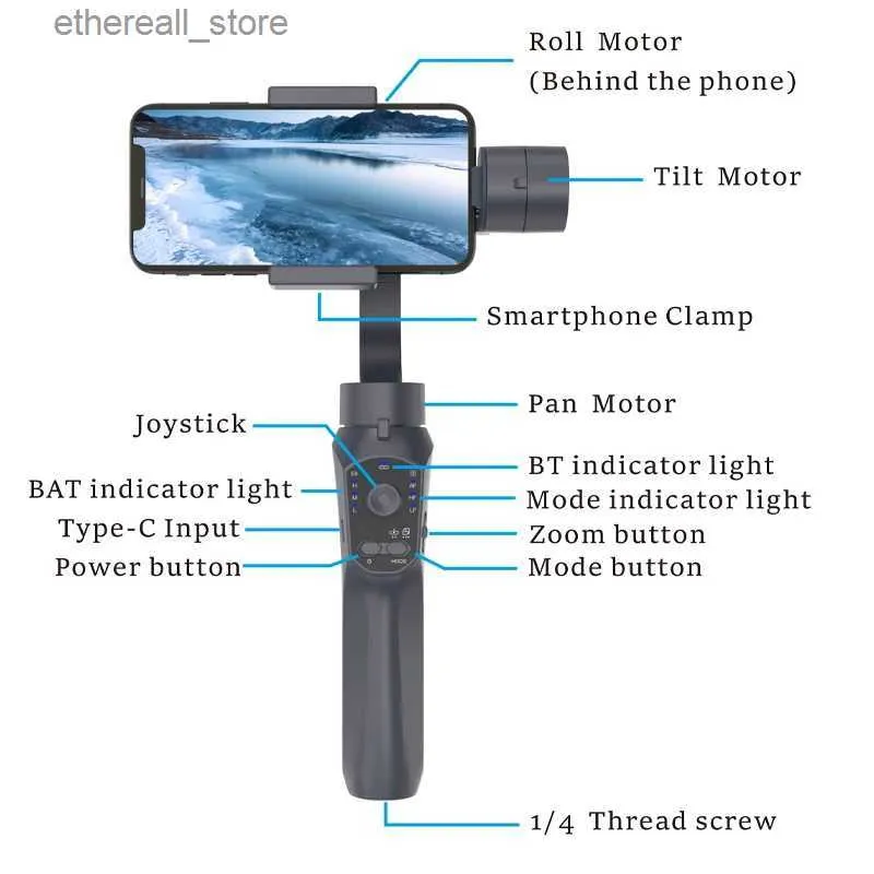 Stabilizers F10Pro 3-Axis Gimbalスマートフォンハンドヘルドセルフィースティック携帯電話ビデオレコードVlog Stabilizer for iPhone Samsung Q231117