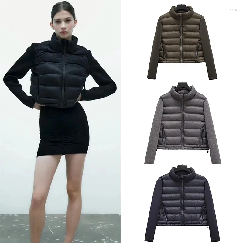 Mulheres Trench Coats Casual Sólido Patchwork Cropped Parkas Jaquetas Mulheres Vintage Zippers Stand Collar Slim Outwear Outono Inverno Acolchoado