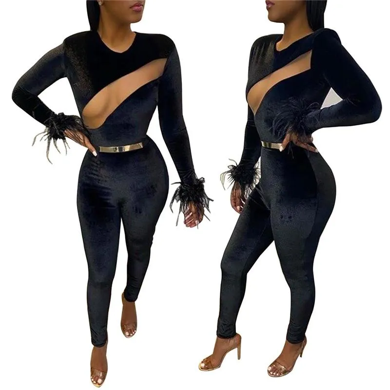 Combinaisons pour femmes barboteuses 2023 femmes Sexy maille transparente Patchwork velours noir combinaison plume à manches longues maigre barboteuse salopette décontractée Clu