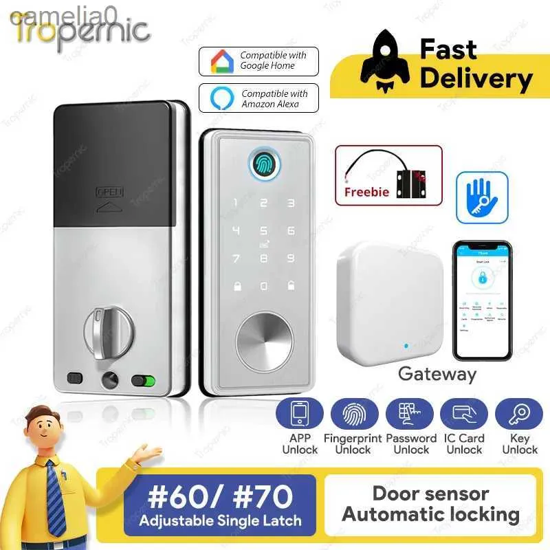 Smart Lock Serrures à pêne dormant intelligentes pour porte d'entrée Alexa WiFi TTlock App biométrique empreinte digitale sans clé clavier d'entrée serrure de porte avec GatewayL231116