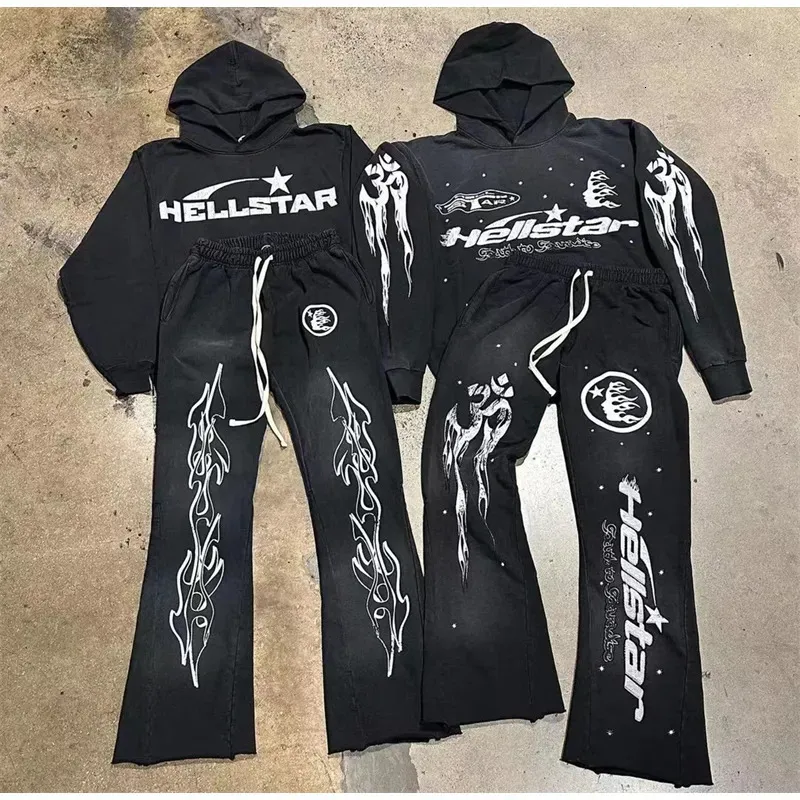 Erkekler Kot Hellstar Hoodie Guard Pantolon Seti Vintage Yıkama Baskı Yüksek Sokak 1 ve Kadın Sporları 231116