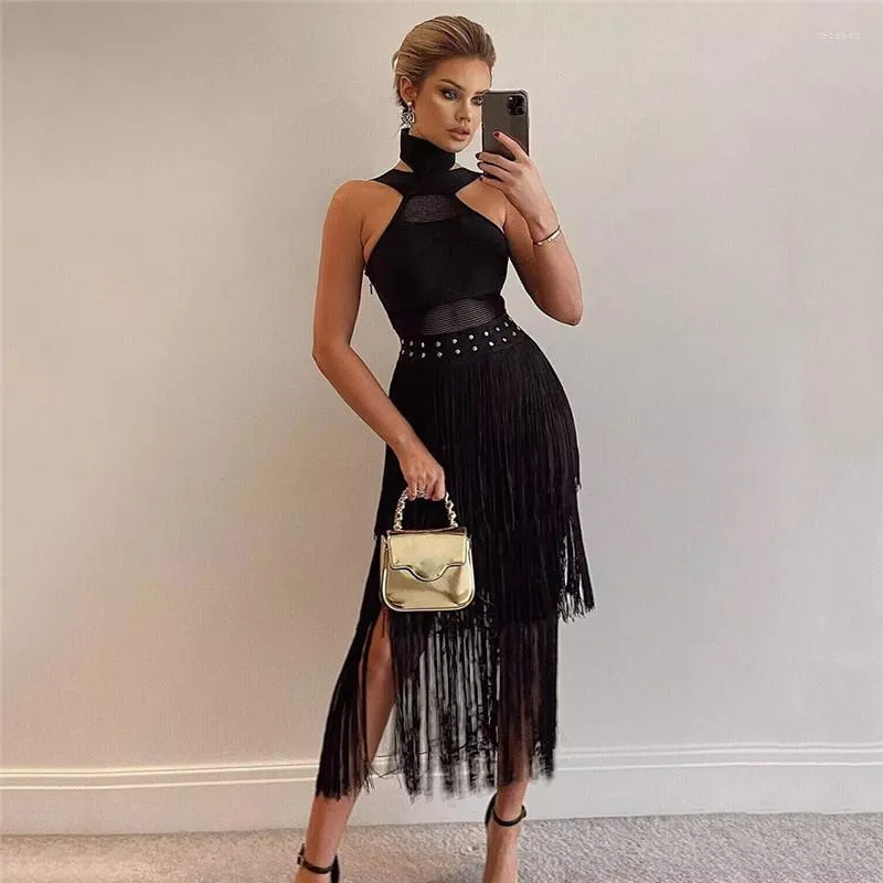 Sukienki na co dzień moda Backless Midi bandażowa sukienka czarny biały drążą Tassel lato Vestidos Sexy Halter odzież klubowa kobiet