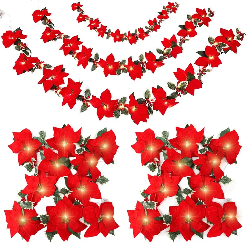 Juldekorationer 2m 10Led Christmas Artificial Poinsettia Flowers Garland String Lights Xmas Tree Decorations Ornament Inhoor Outdoor Home Decor 231115