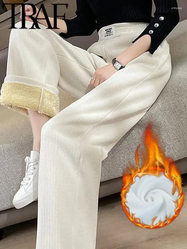 Spodnie damskie grube ciepłe kobiety szerokie nogawki Pluszowe Pluszowe wyłożone elastyczne wysokie kostki żeńskie spodnie Y2K 2023 Zima