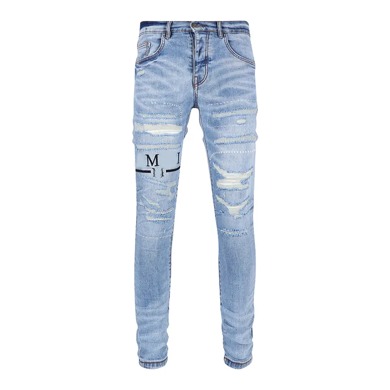 Mens jeans Distressed Motorcycle biker jean Rock Skinny Slim Ripped hole letter Top Quality Brand Hip Hop Denim Pants