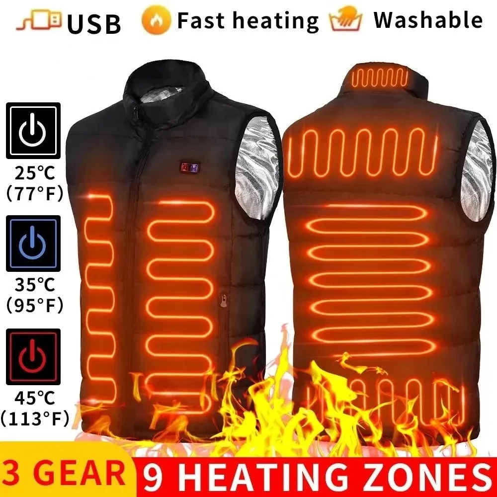 Chalecos para hombres Hombres USB Infrarrojos 9 Áreas de calefacción Chaleco Chaqueta Hombres Invierno Chaleco con calefacción eléctrica Chaleco para deportes Senderismo de gran tamaño 3XL 231115