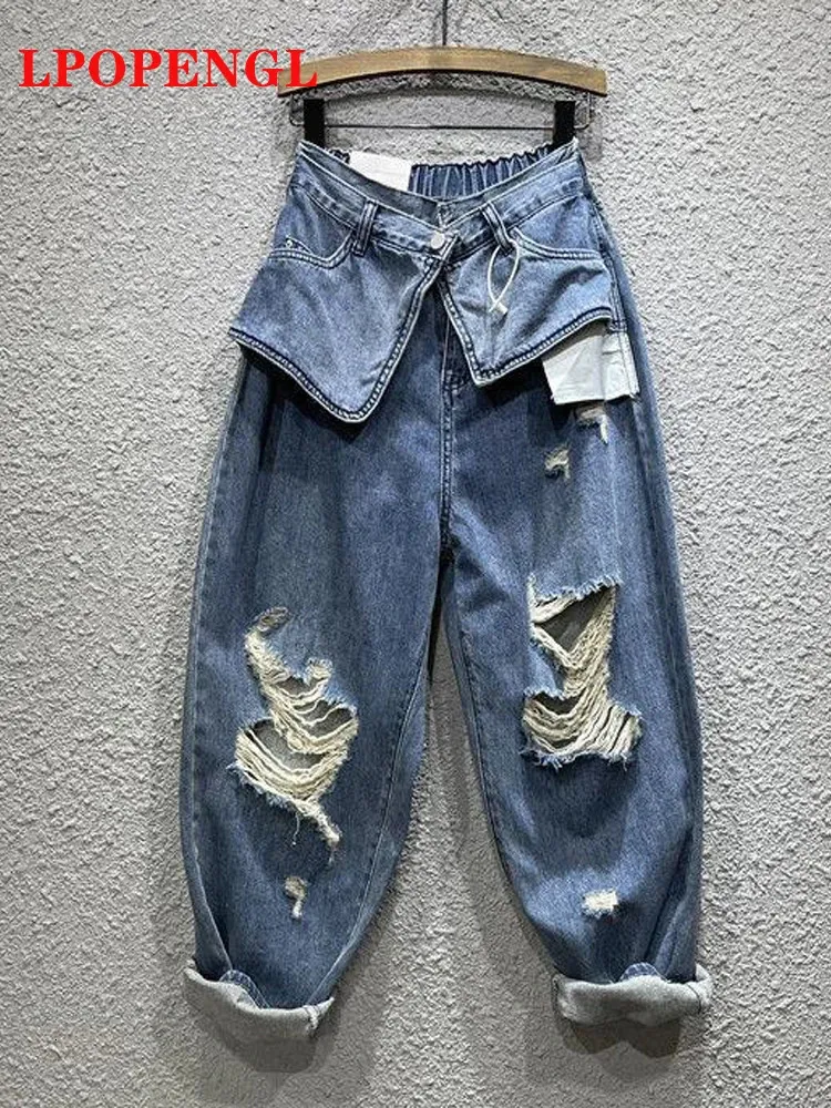 Jeans pour hommes personnalité Streetwear jean femmes automne élastique taille haute trou ample faux deux pièces sarouel Denim Baggy pantalon 231116