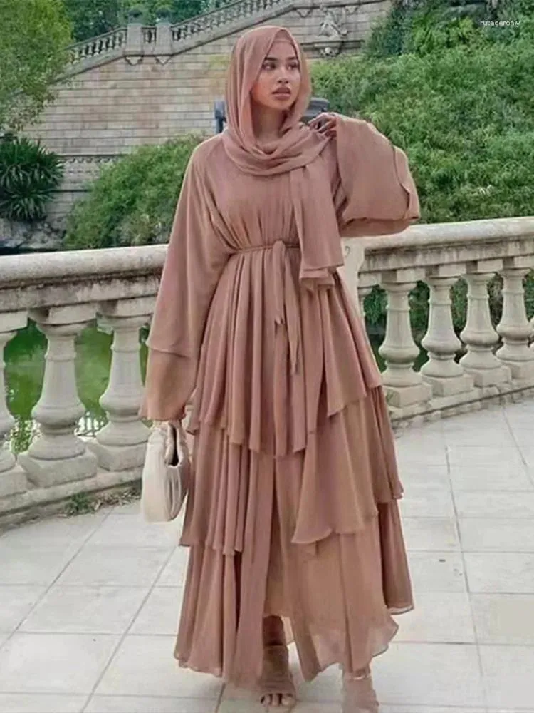 Ethnic Clothing Ramadan Eid Djellaba Abaya Dubai Three-layer Soft Chiffon Muslim Dress Turkey Islam Abayas With Belt