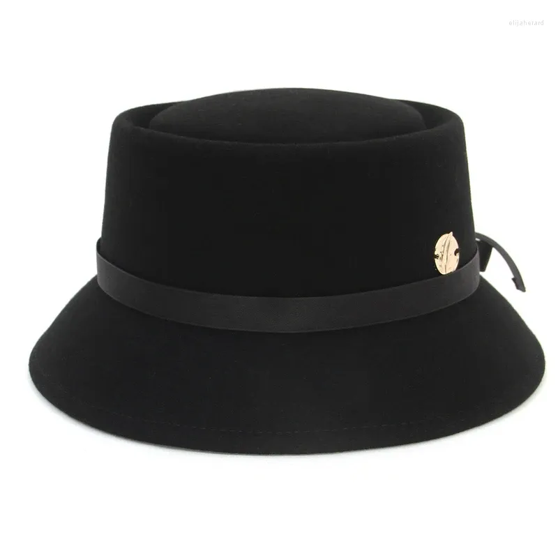 Bérets chapeau en laine pour femme, seau plat, décoration de tarte au porc, casquette de rue, chapeaux melon avec ceinture assortis avec tout, automne hiver