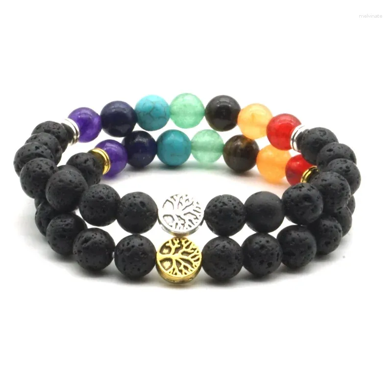 Strand 10pc 7 Chakras Tree of Life 8mm Black Lava Stone Diy Essential Oil Diffuser Healing Balance Pärlor Buddha Bönarmband smycken