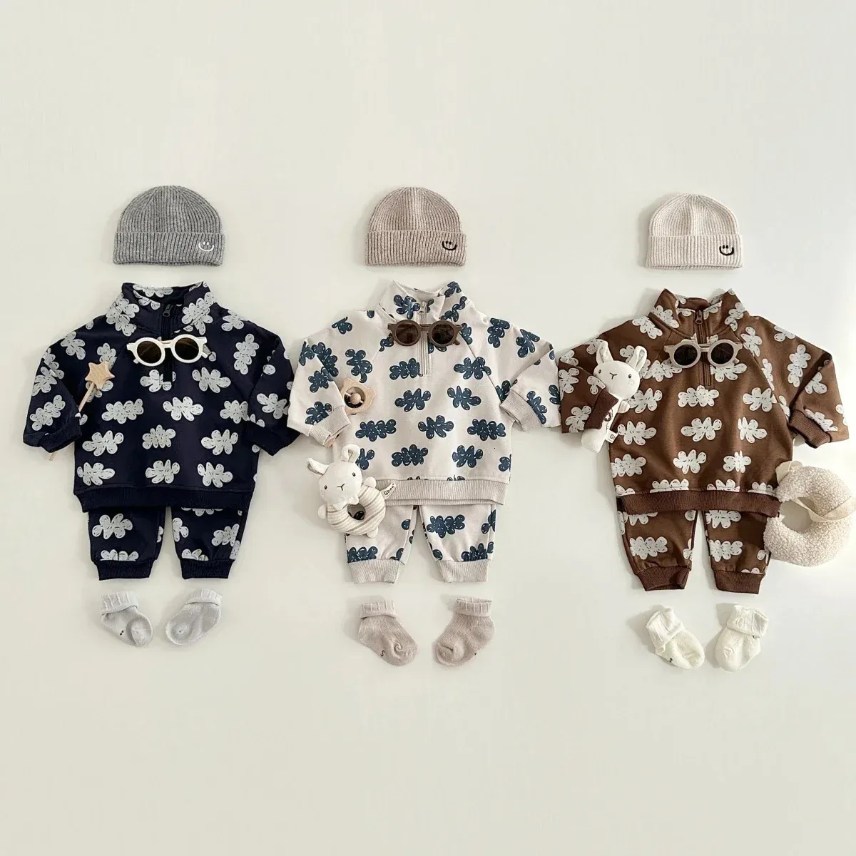 Rompers Baby Clothing Set Childrens Cloud Printing Zipper Sweatshirt Barnkläder Girls Bomull Långärmad Zipper Topptrans Set 231116