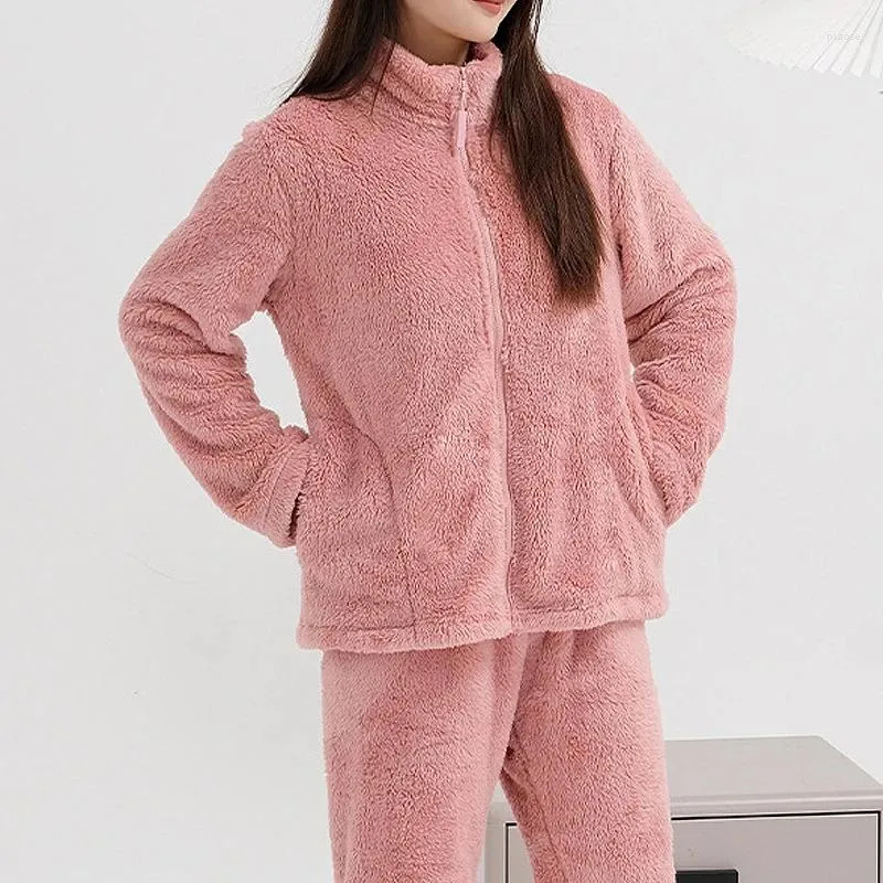 Women's Sleepwear Plush Fleece Stand Collar Zipper Long Sleeve Warmth Thickening Coral Velvet Top Women Home Wear Pajamas Autumn Winter 2023