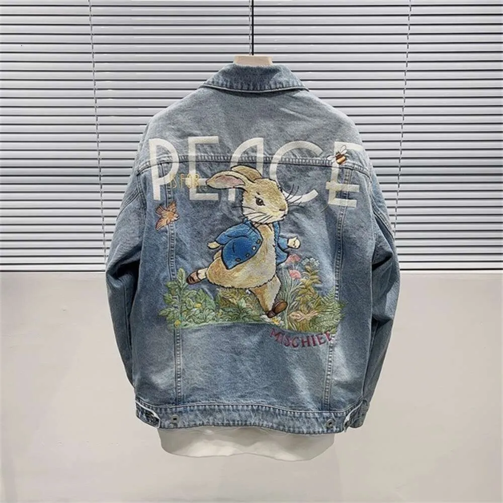 Bird Family Element 2023 Spring New Rabbit Embroidered Denim Coat Men's Loose Polo Jacket B1bjd1239