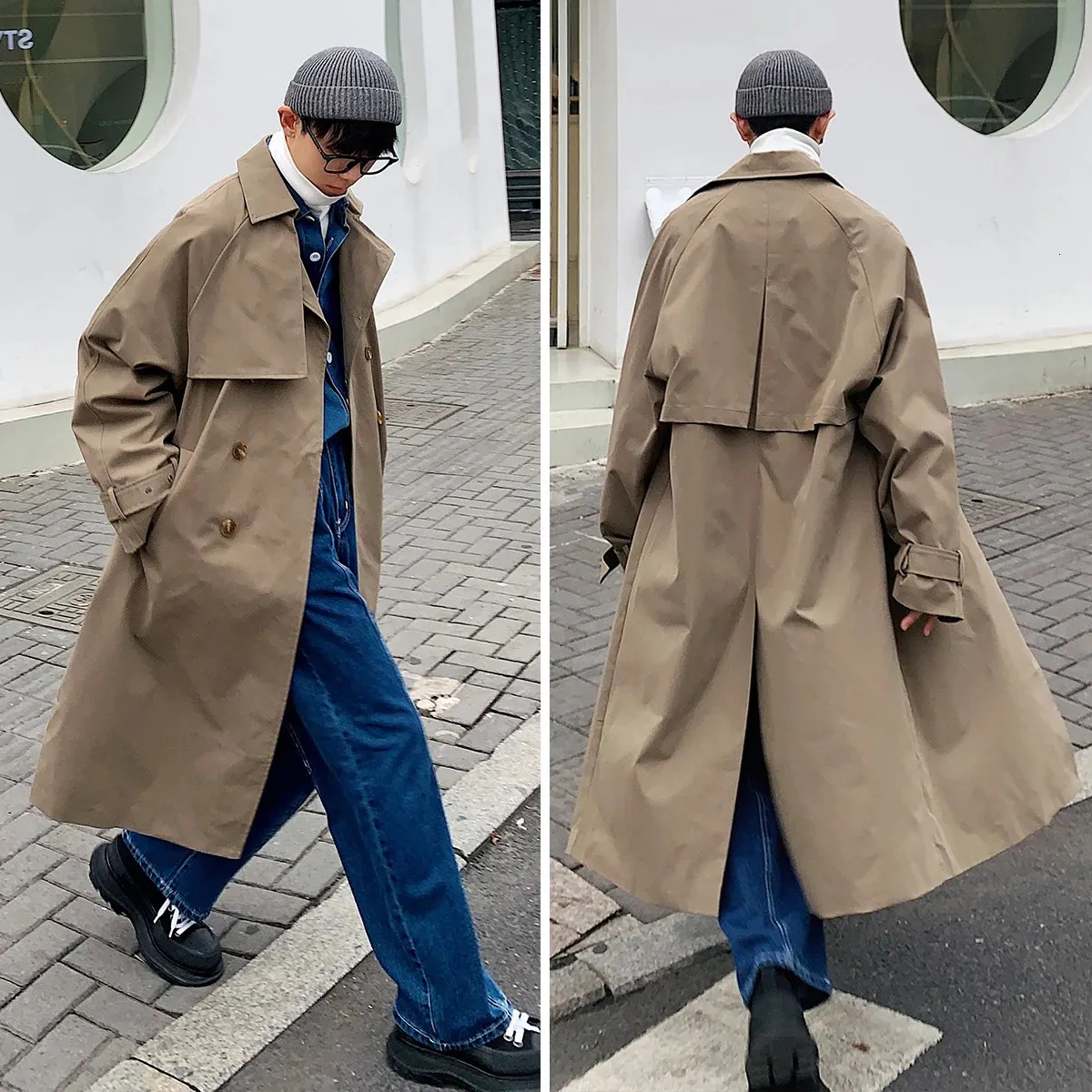 Mens Long Trench Coats Autumn Casual Solid Loose Windbreaker