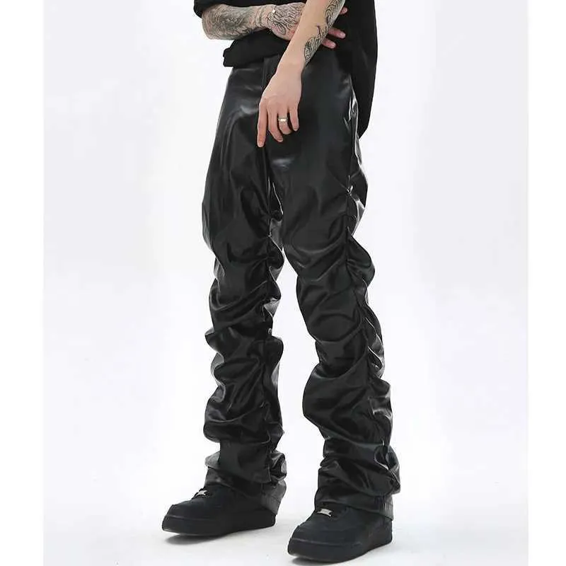 Men's Pants Hip Hop Mens Pleated Pu Leather Pants Harajuku Retro Streetwear Loose Ruched Casual Trousers Straight Solid Color Black Pants J231116