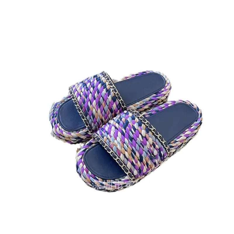 Chinelos de marca coloridos roxo malha palha tecido grosso solas para outwear feminino casual versátil sandálias planas