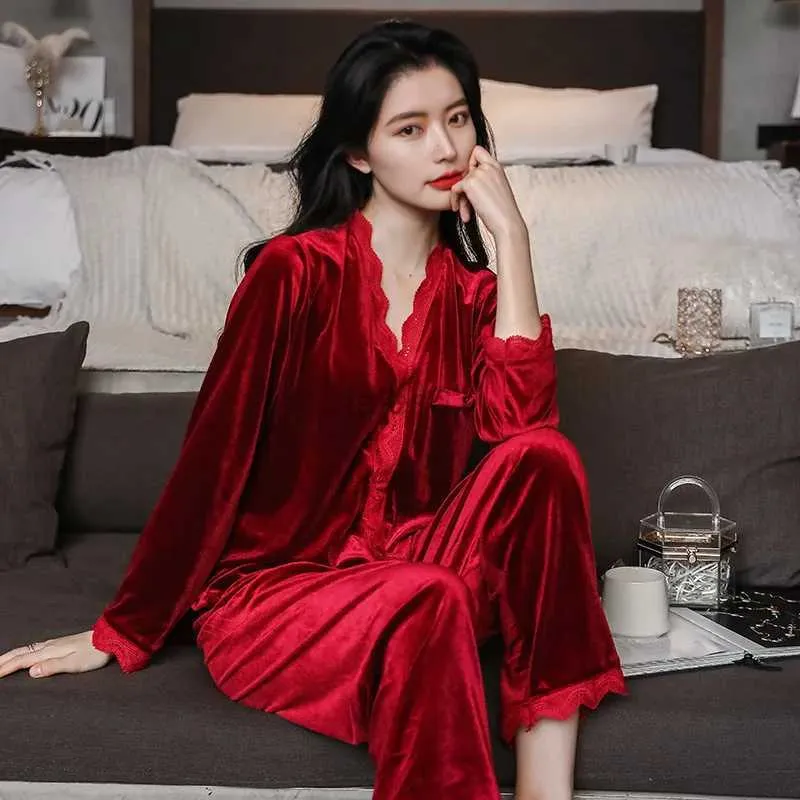 Women s Sleep Lounge Autumn Winter Velour Female Pajamas Set Sexy Lace Trim Nightwear Pyjama Pour Femme Loose Casual Velvet Home Clothes Lounge Wear
